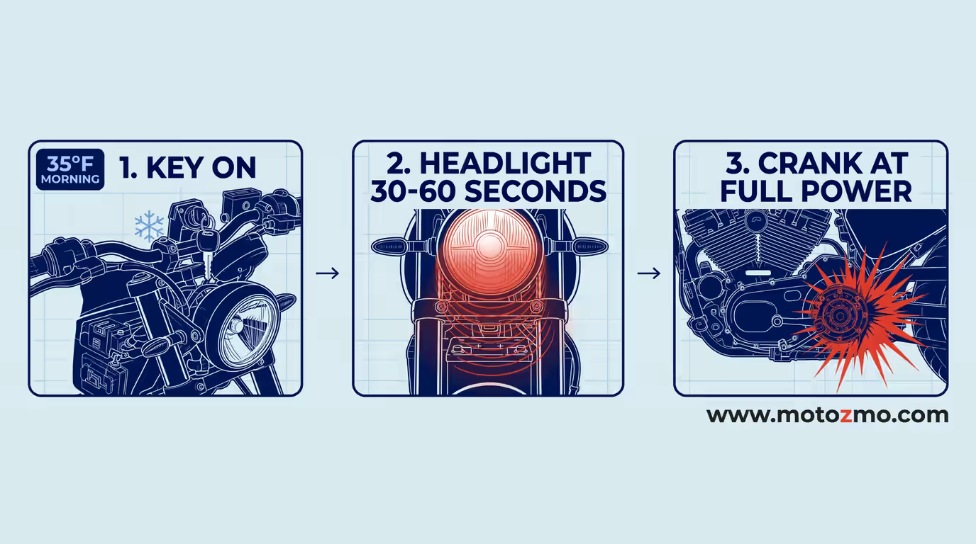 Cold lithium battery wake-up: key on, headlight draw for 30-60 seconds, then a full-power crank