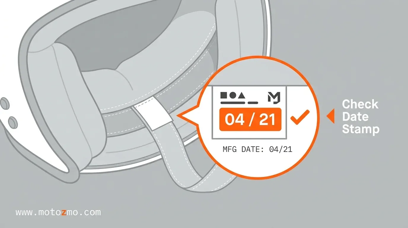 graphic of a magnifying glass checking the manufacture date tag on a helmet strap