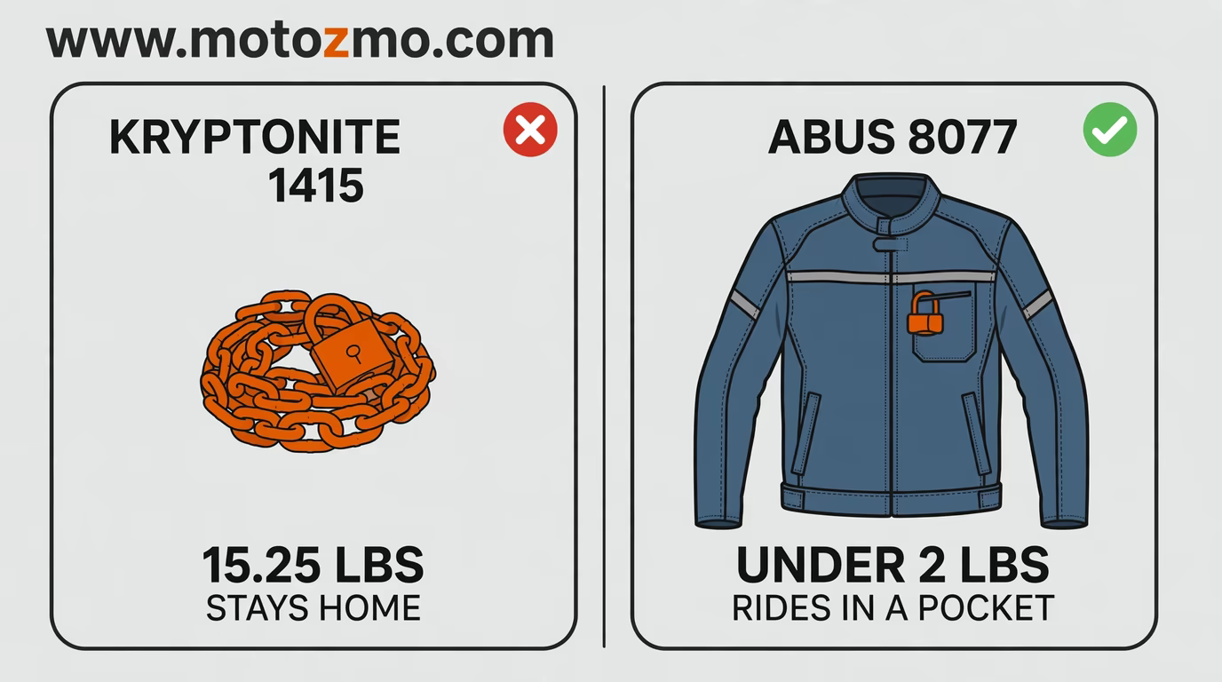Kryptonite 1415 chain at 15.25 lbs marked stays home beside an Abus 8077 disc lock under 2 lbs in a jacket pocket