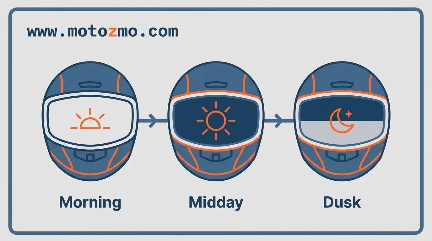 showing a photochromic motorcycle visor changing tint from morning to evening