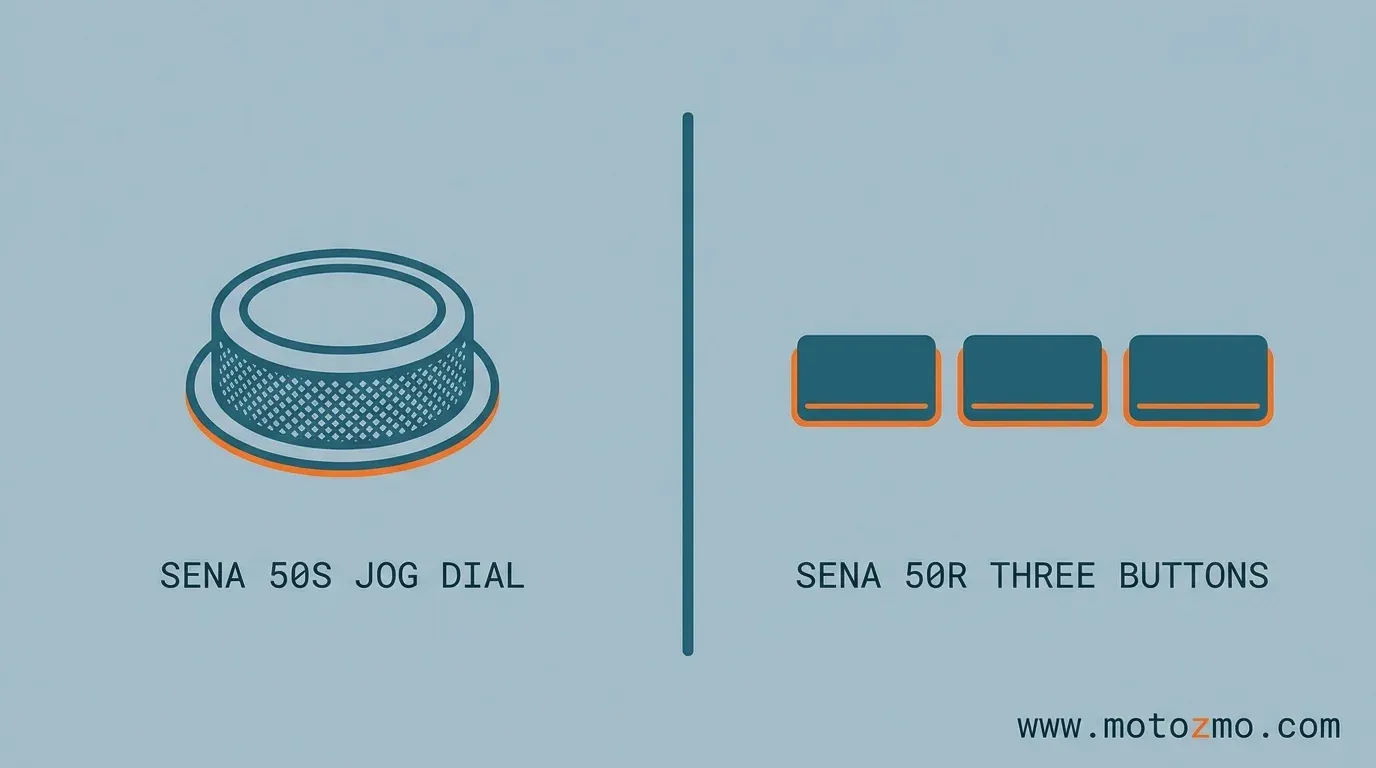 Visual comparison highlighting the Sena 50S jog dial versus the Sena 50R button layout
