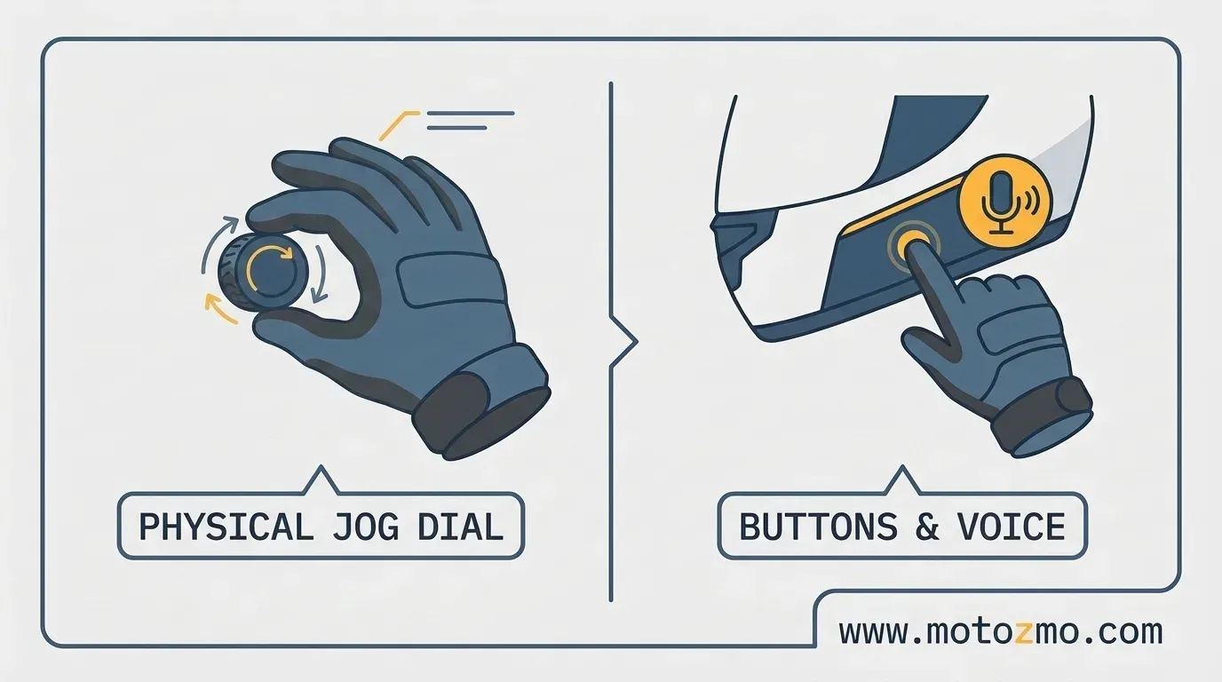 comparing the physical jog dial of the Sena 50S with the button and voice controls of the Cardo Edge