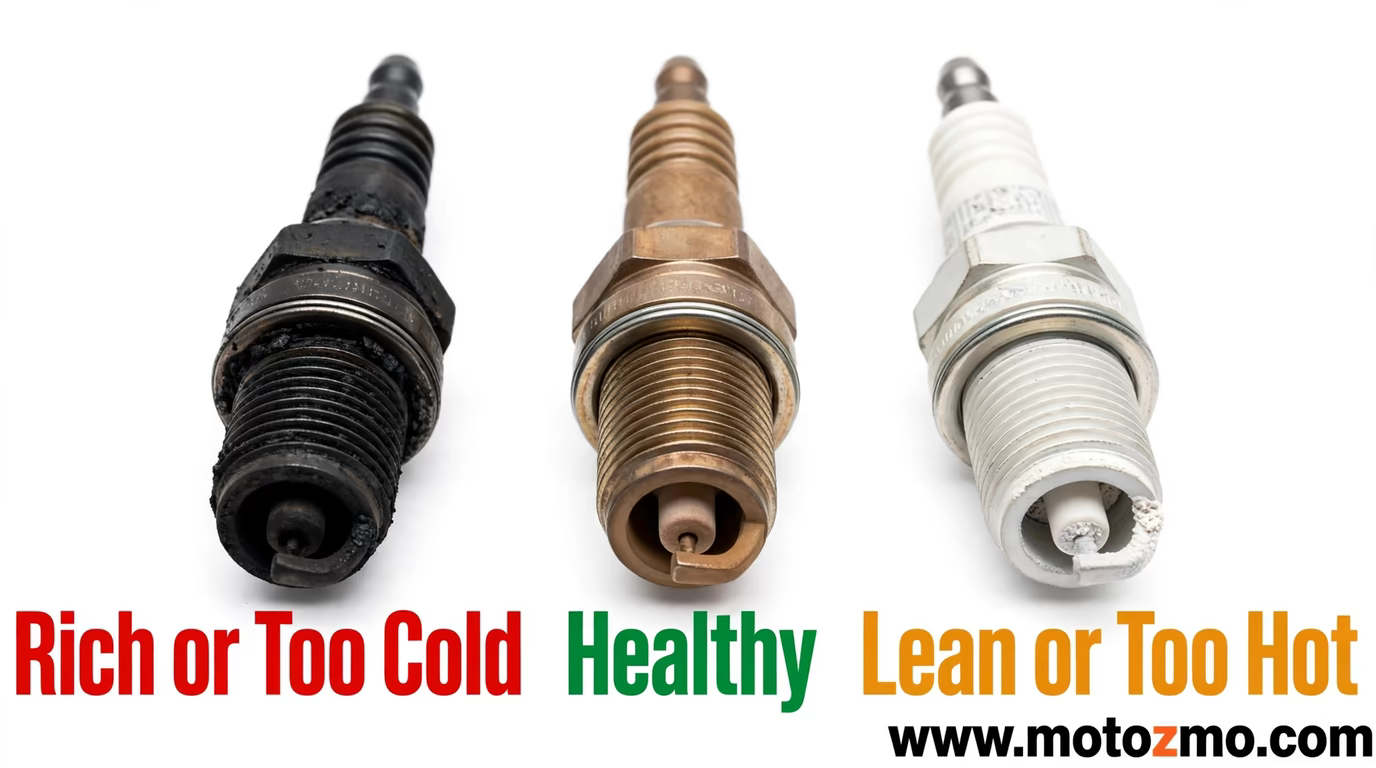 Three spark plug tips read by color: black soot, healthy tan brown, and white blistered ceramic